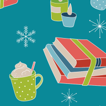 Illustration of book bundles tied with ribbon, candles and mugs