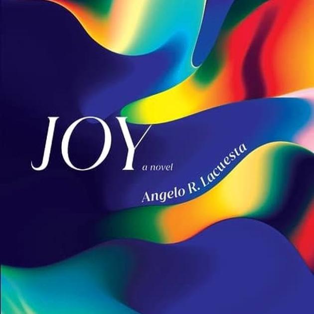 Joy: a novel by Angelo R. Lacuesta set against a wavy backdrop of many colours