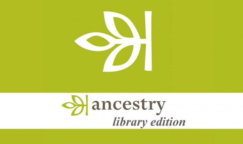 Ancestry Library Edition logo, a white leaf on a green and white background with the words Ancestry Library Edition