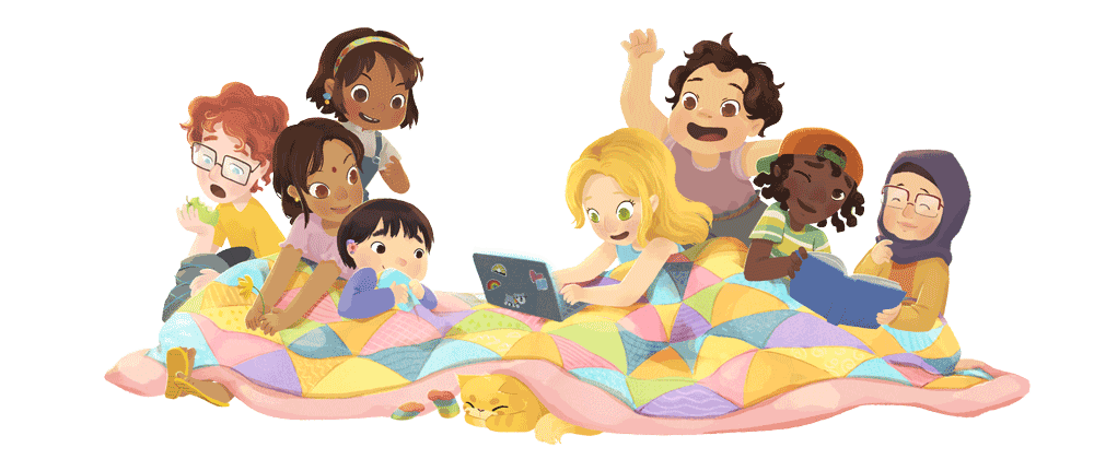Summer reading club illustration: Eight kids sitting together on a quilt, some are reading a book, one kid is eating an apple and another kid is on a laptop. There is a cat poking its head out of the quilt.
