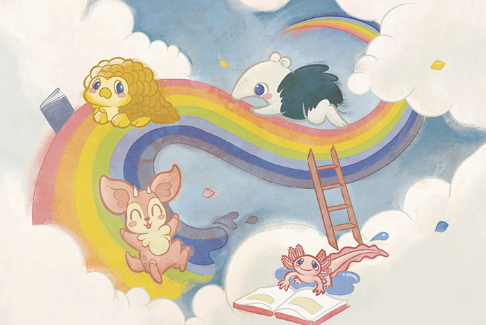 Illustration of rainbow in clouds with various animals playing and reading