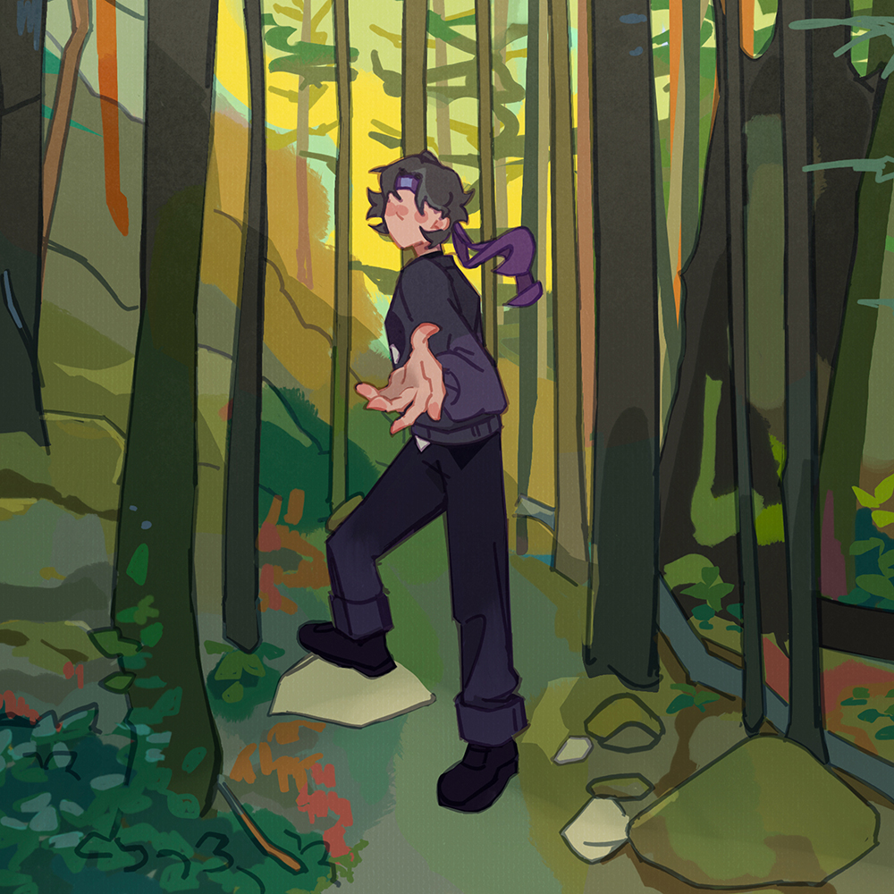 An illustration showing a person beckoning us into the woods. 
