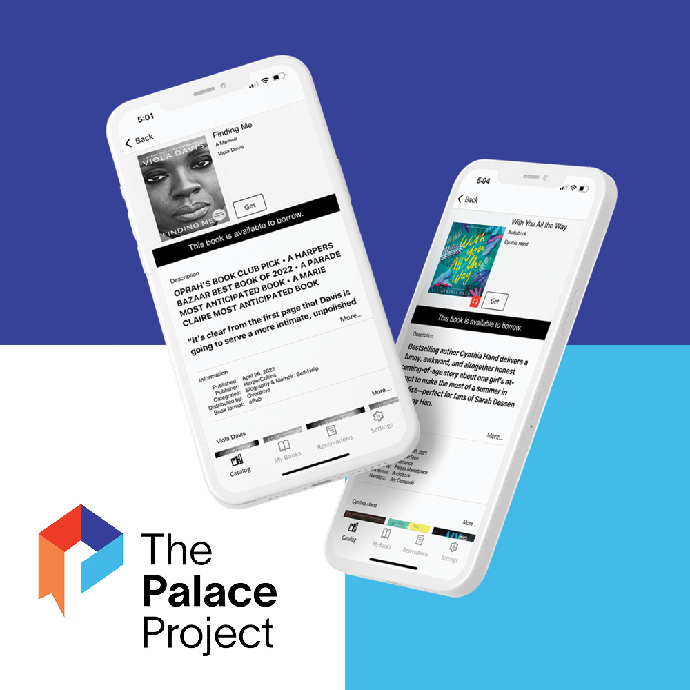 Illustration showing phone screens with ebook titles and the Palace Project logo