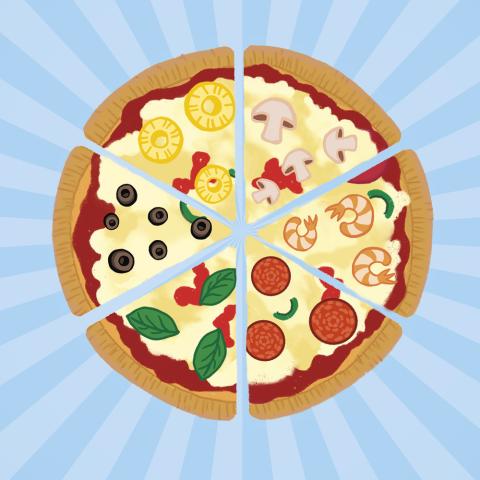 Adult summer reading challenge Illustration of pizza with slices with different toppings