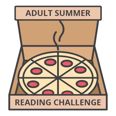 Adult summer reading challenge illustration with pizza box and pizza slices