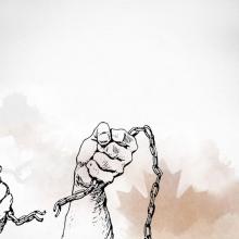 An illustration of two hands breaking a chain with a maple leaf in the background.