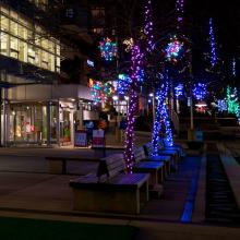 Photo of Civic Plaza at night with holiday lights and the library building in the background.