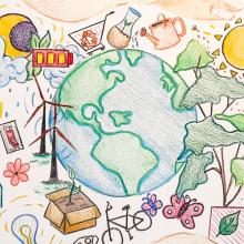 A coloured illustration of a globe and various items around it like a sun, tree, wind turbines, flowers, butterflies