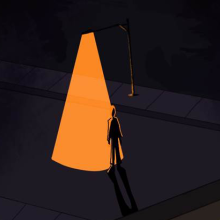 Drawing of a figure in the dark next to a cone of light