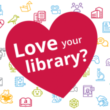 Image of a red heart that says "Loe your library?"