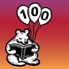 An illustration of a bear holding a book and balloons that say 100