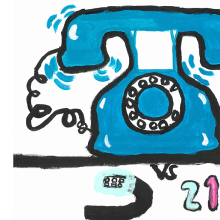 Drawing of an old blue rotary dial phone and a modern digital watch with the text "1924 vs 2124"