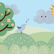 An illustration of a tree with a smiling sun and cloud and a bird singing