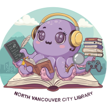 purple octopus wearing yellow headphones and reading a book