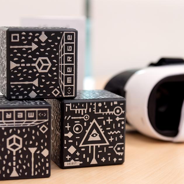 Photo of VR goggles and Merge Cubes