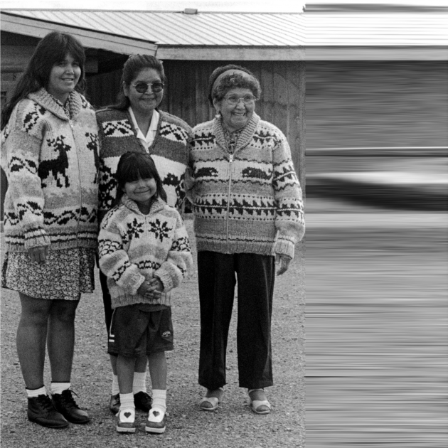 Image of Coast Salish people wearing knitted sweaters Image of Coast Salish people wearing knitted sweaters