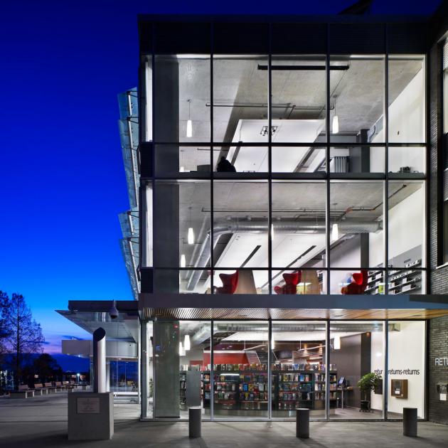 Outside of the library building at night