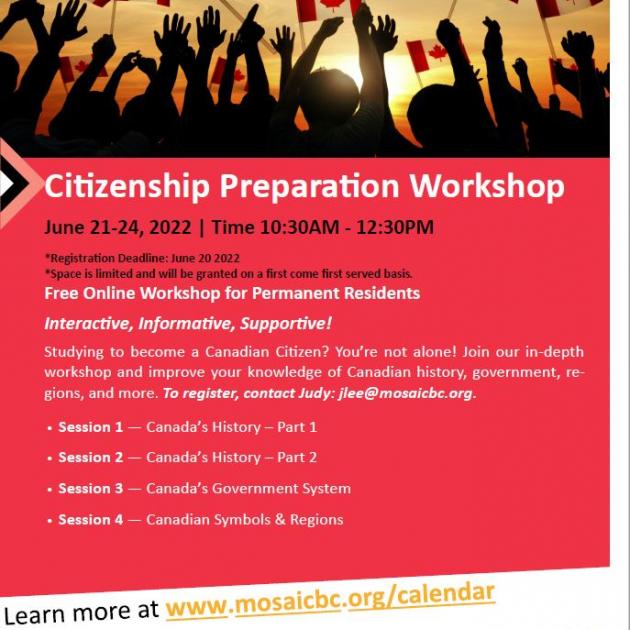 Poster with workshop information and an image on the top, people raising Canadian flag