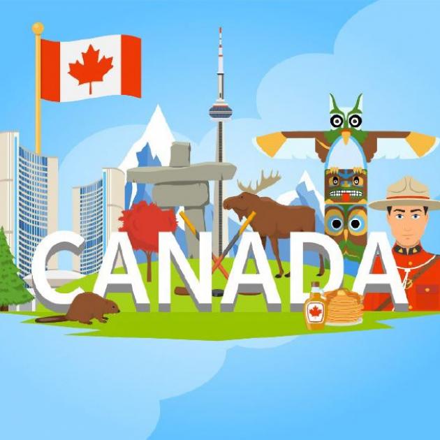 A picture of different Canadian symbols and "Canada" written on it.