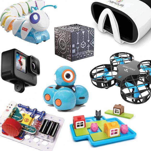 Device petting zoo at the Collaboratory Various technology devices such as coding toys, circuit boards, cameras and virtual reality headsets