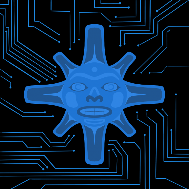 Motherboard by Jordanna George Blue, futuristic Indigenous artwork on a black background with lines that look like they might be found in an electronic device