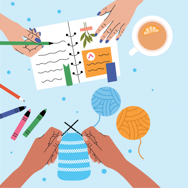 Tea and crafting Illustration of knitting, colouring, journalling