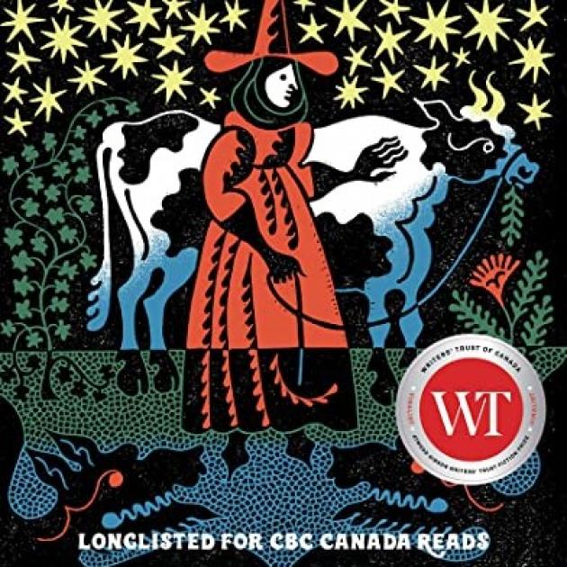 Everyone Knows Your Mother Is a Witch Drawing of a woman in a red dress and witch's hat in front of a cow