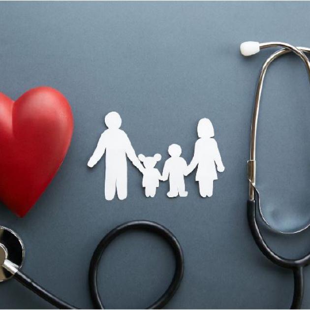 Heart, a family of four and couple of medical supplies 