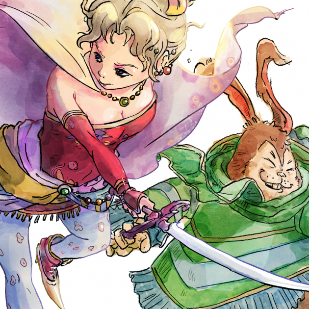 Manga illustration featuring rabbit in green costume and a young woman with a cape and sword Manga illustration featuring rabbit in green costume and a young woman with a cape and sword