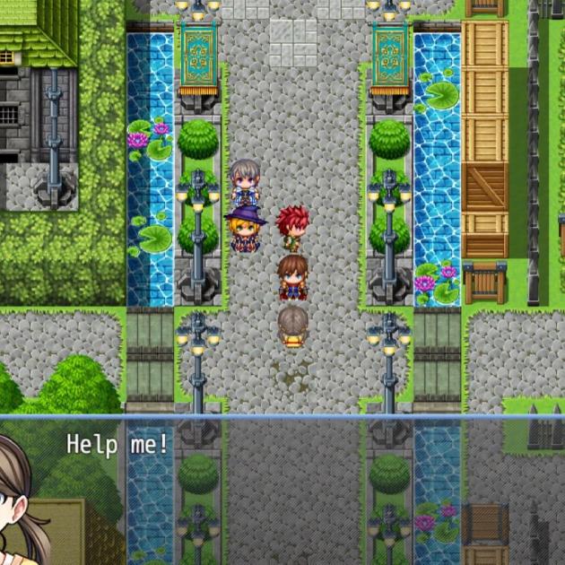 Screen capture from RPG Maker MZ depicting a map location of a town with 32 bit graphics. There is a road with intersection at the center of the image with a building on either side of the road running up and down. There are five character avatars standing in the road. At the bottom of the screen there is a dialogue box open with a none-named character saying "Help me!"