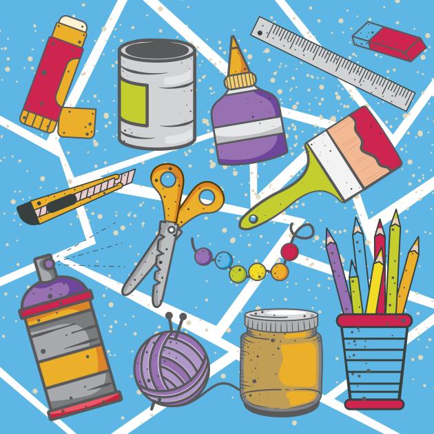 Crafternoon Graphic image of craft supplies on a blue background