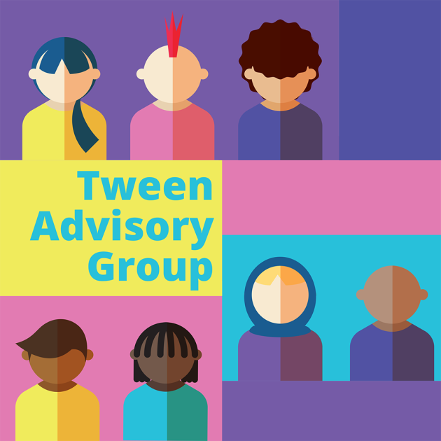 Tween advisory group logo and stylized drawings of diverse young  people