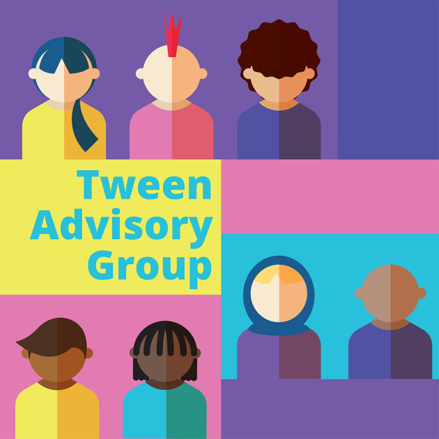 Tween advisory group logo and stylized drawings of diverse young people Tween advisory group logo and stylized drawings of diverse young people