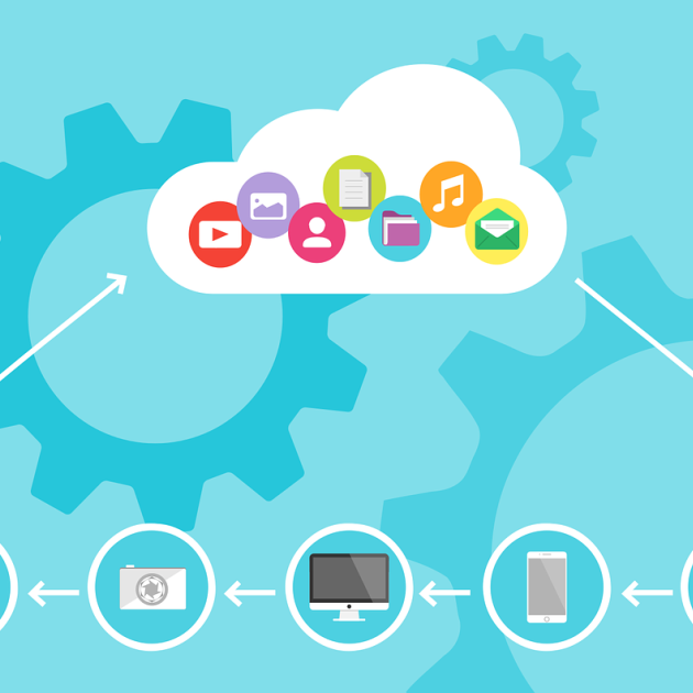 Illustration of Cloud computing. A cloud with symbols for YouTube, pictures, contacts, music, email, documents and folders is above a series of devices. The devices are a laptop, mobile phone, tablet, computer, and camera. A series of arrows connects the cloud to the devices. 