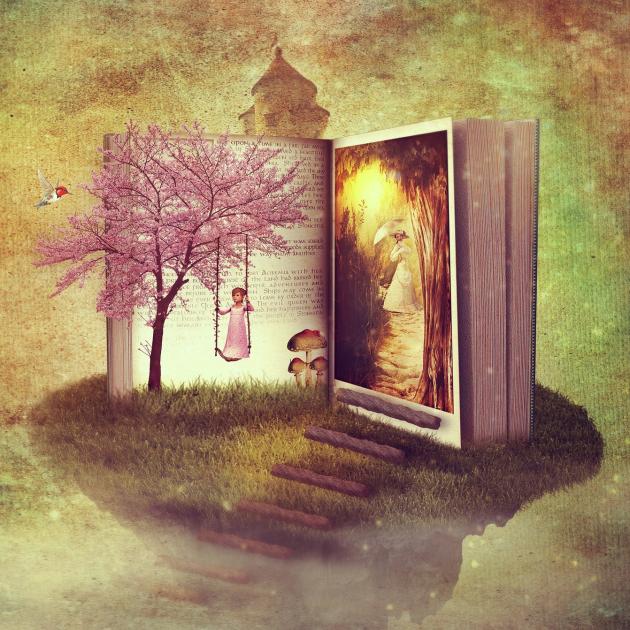 children's fantasy book An illustration of an fantasy book in a grassy field
