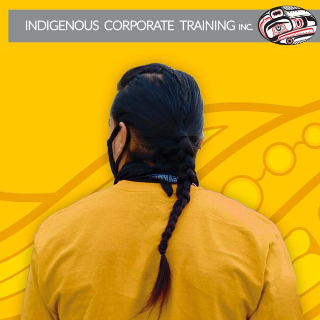 Person looking away with long braided hair against yellow background with Indigenous graphics