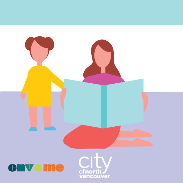 Family play drop-in illustration of child and caregiver reading a book