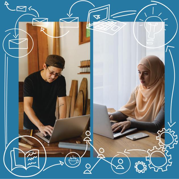 Digital skills for entrepreneurship Digital skills for entrepreneurship, two people with white graphics about business around them