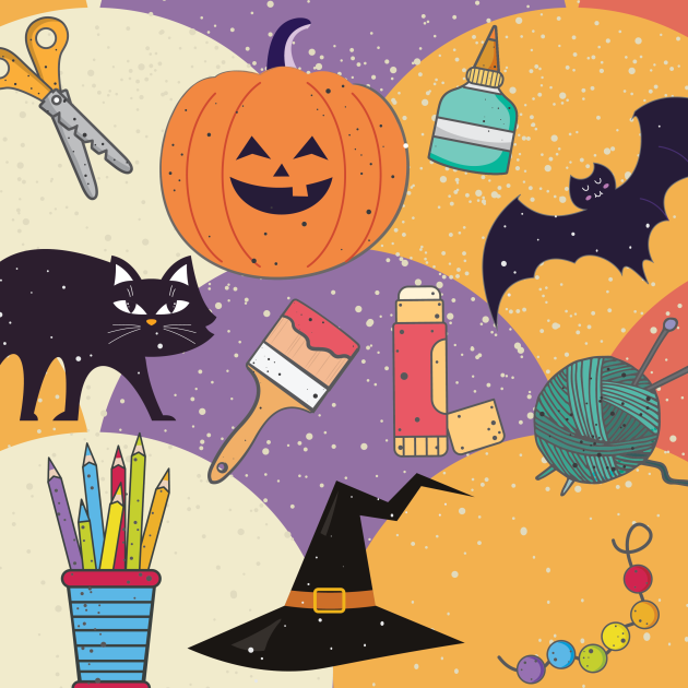 Illustration of craft supplies and Halloween pumpkin, black cat and witches hat