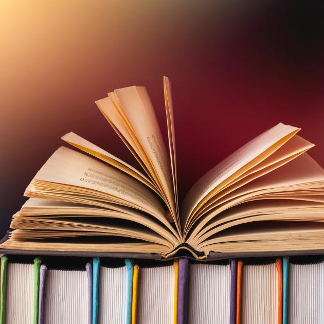 An open book laying flat on top of book on a shelf