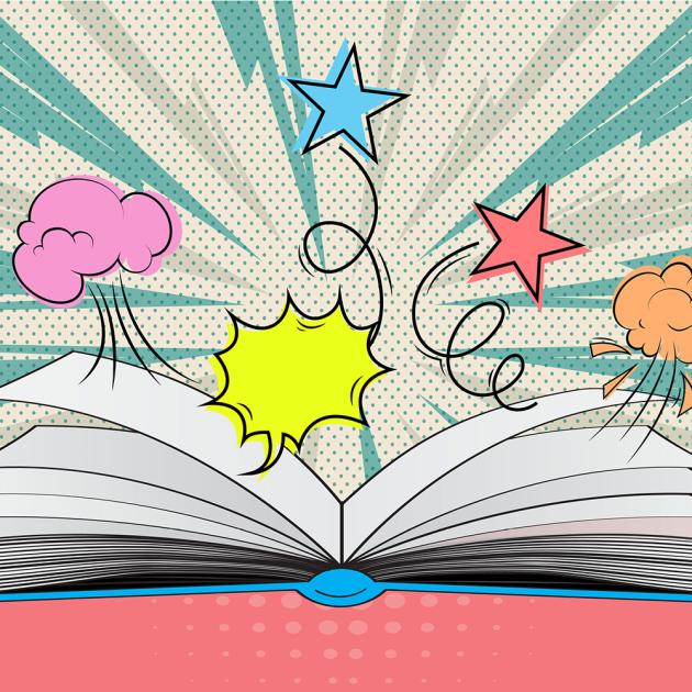 Kids write-in comic book style illustration of open book with speech bubbles coming out