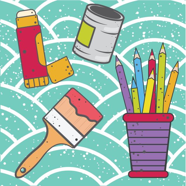 Graphic image of craft supplies on a teal background