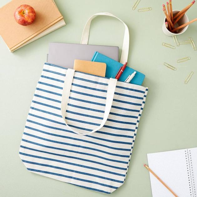 A blue and white striped totebag containing books and pens