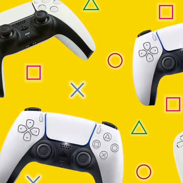 Playstation controllers against a yellow background with playstation button symbols in background