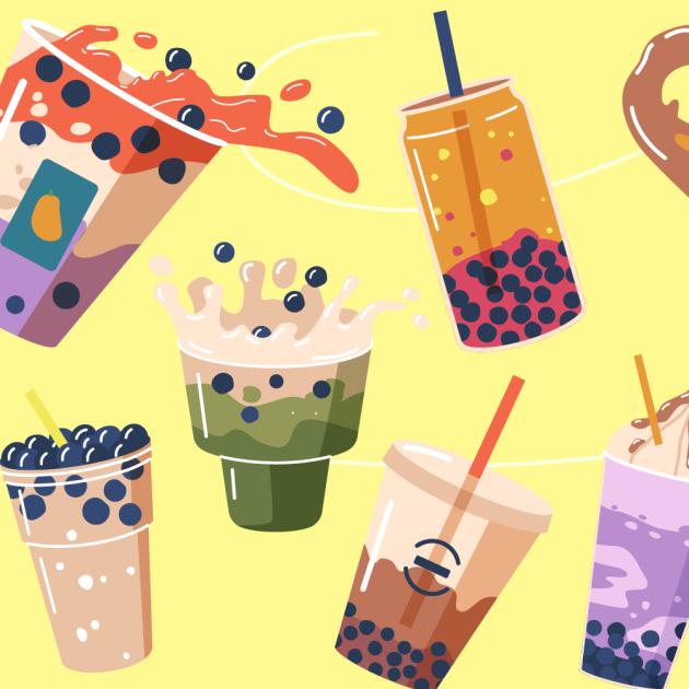 Boba tea social Illustration of multiple bubble tea boba drinks with pearls and straws