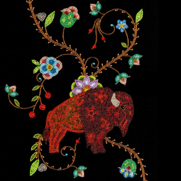 A Grandmother Begins the Story Bead artwork of a buffalo and flowers on a stem