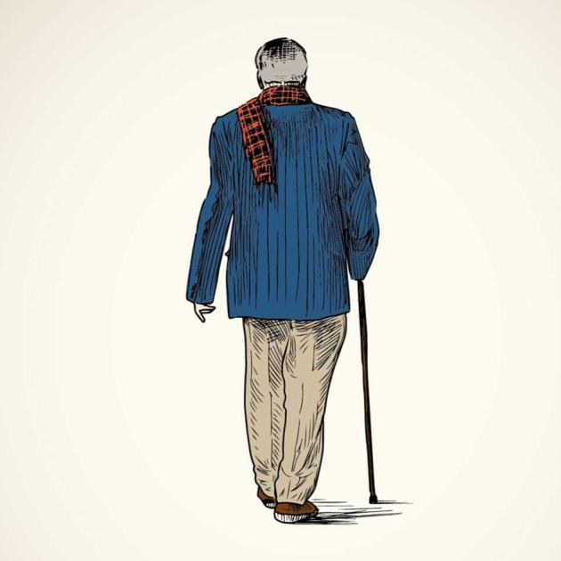 The Book of Charlie An illustration of the back of a man with a cane wearing a blue jacket and red scarf.
