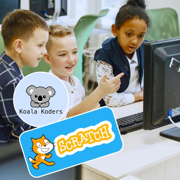Koala Koders Scratch camp Children looking and pointing at computer screen, with Koala Koders and Scratch logos