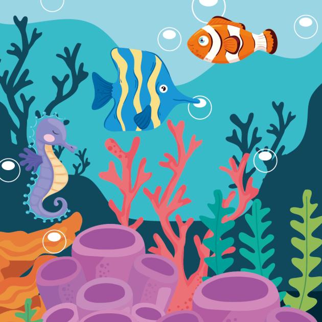 Under-the-sea one sea horse and two striped fish near colorful pink and green coral reefs