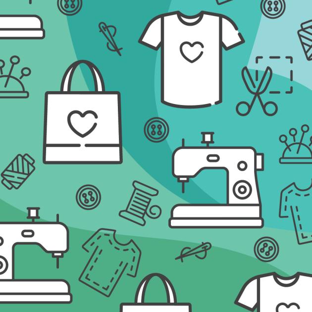 Intro to upcycling: t-shirt to tote bag Illustrations of t-shirt, tote bag, sewing machine, threads, needles